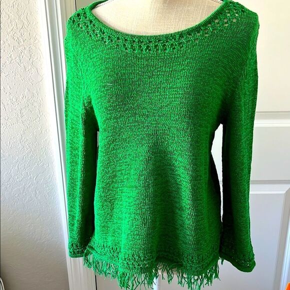 Pappagallo Sweaters - Pappagallo Bright Green Sweater Cotton Blend Fringed 3/4 Sleeves VTG